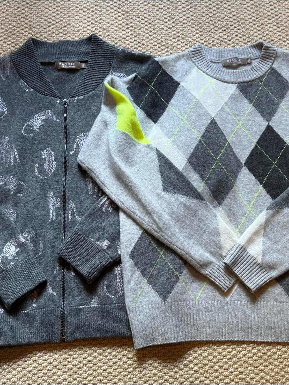 Brodie Cashmere Gray Argyle & Charcoal Zip Cardigan with Neon Yellow Accent